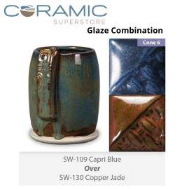 Capri Blue SW109 over Copper Jade SW130 Stoneware Glaze Combination Capri Blue SW109 over Copper Jade SW130 Stoneware Glaze Combination